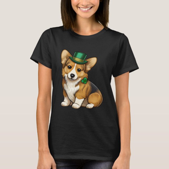 St Patrick's Day Corgi Dog Irish Shamrock Leprecha T-Shirt (Front)