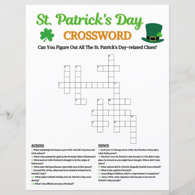 St. Patrick's Day Crossword Game (Front)