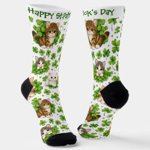 St. Patrick's Day Cute Kitten & Shamrock Cat Lover Socks