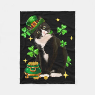 St Patricks Day Cute Tuxedo Cat Shamrock Irish Cat Fleece Blanket