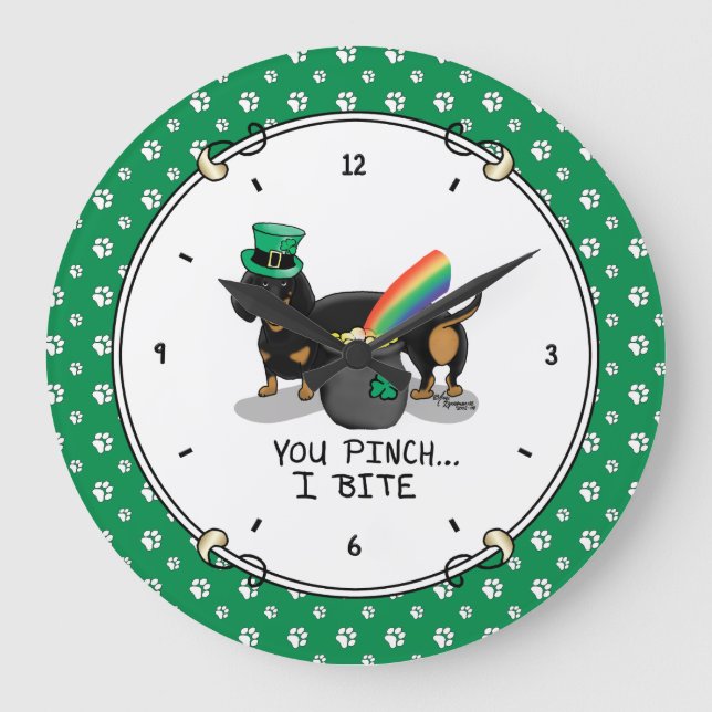 St. Patrick's Day Dachshund (black & tan) dog Large Clock (Front)