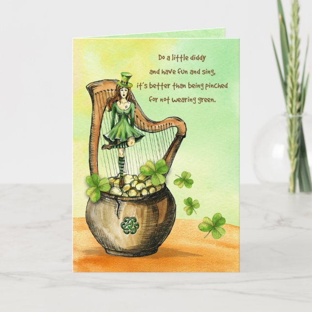St. Patrick's Day Dancing Lass Pot of Gold Card (Front)