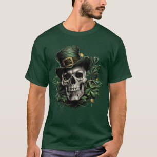 St Patricks Day Dark Irish Skull with Shamrocks T-Shirt