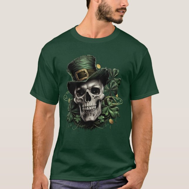  St Patricks Day Dark Irish Skull with Shamrocks T-Shirt (Front)