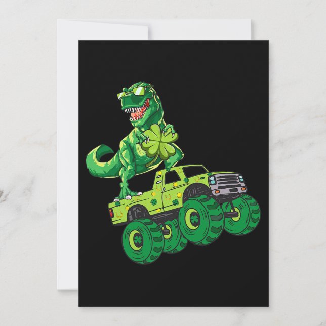 St Patricks Day Dinosaur Monster Truck Shamrock Bo Invitation (Front)