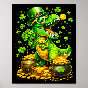 St patricks day dinosaur t rex shamrock kids boys poster