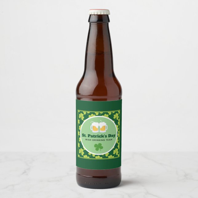 St. Patrick's Day Drinking Team Clover Pattern Beer Bottle Label (Front)