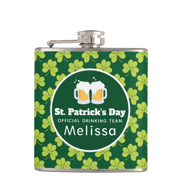 St. Patrick's Day Drinking Team Clover Pattern Hip Flask (Front)