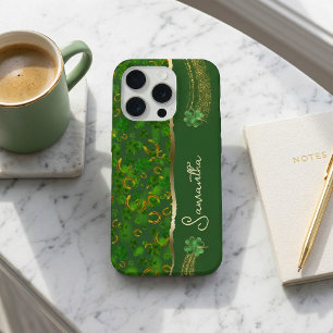St Patricks Day Emerald Green & Gold Clover Name iPhone 15 Pro Case
