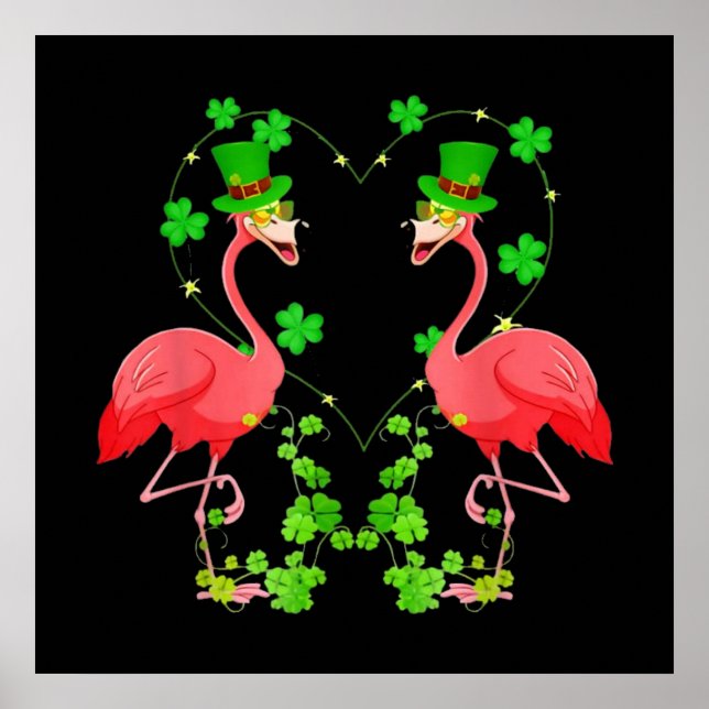 St Patrick's Day Flamingo Shamrock Heart Poster (Front)