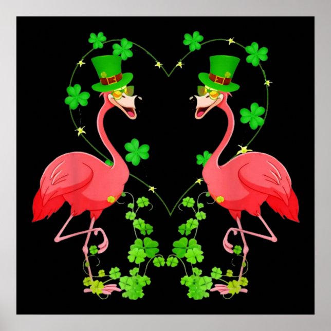 St Patrick's Day Flamingo Shamrock Heart Poster (Front)