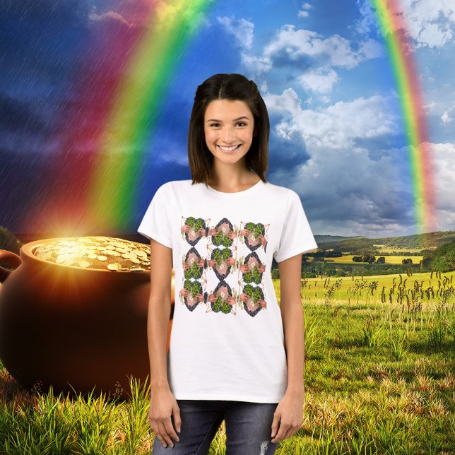 St Patricks Day Flower Heart Clover Pattern Womens T-Shirt (St. Patrick's Day Flower Heart and Clover Bouquets T-Shirt)