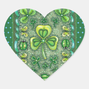 ST. PATRICK'S DAY FOLK ART SHAMROCKS N' LADYBUGS HEART STICKER
