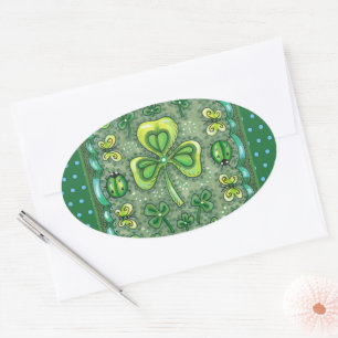 ST. PATRICK'S DAY FOLK ART SHAMROCKS N' LADYBUGS OVAL STICKER