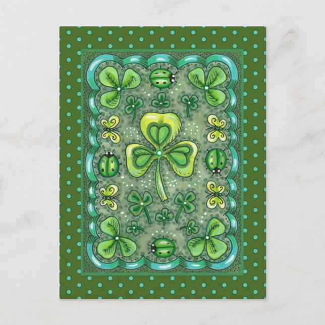 ST. PATRICK'S DAY FOLK ART SHAMROCKS N' LADYBUGS POSTCARD (Front)