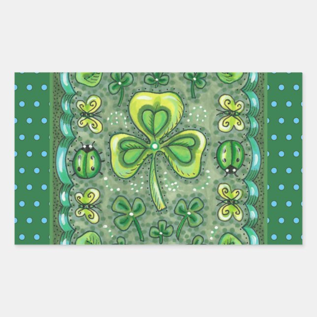 ST. PATRICK'S DAY FOLK ART SHAMROCKS N' LADYBUGS RECTANGULAR STICKER (Front)
