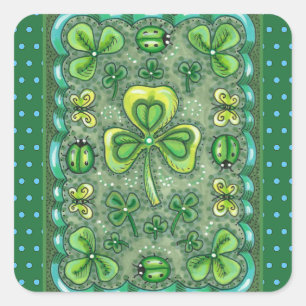 ST. PATRICK'S DAY FOLK ART SHAMROCKS N' LADYBUGS SQUARE STICKER
