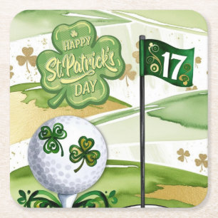 St. Patrick's Day for Golfer with Flag on Green Square Paper Coaster