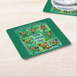 St. Patrick's Day Fun Adorable "Party Leprechauns" Square Paper Coaster