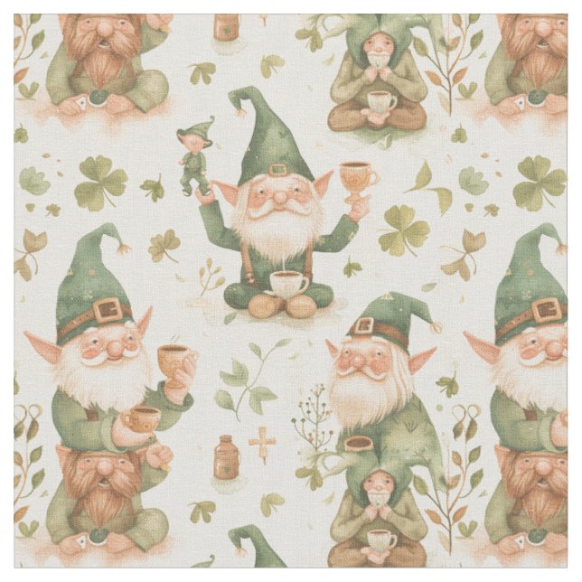 St. Patrick's Day Funny Gnome Coffee Pattern Fabric (Close Up)
