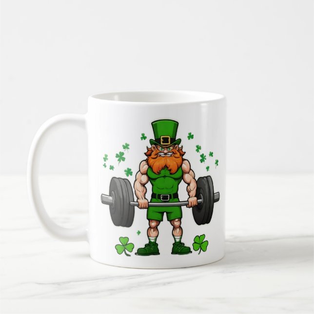St. Patrick's Day Funny Leprechaun Barbell Gym Coffee Mug (Left)