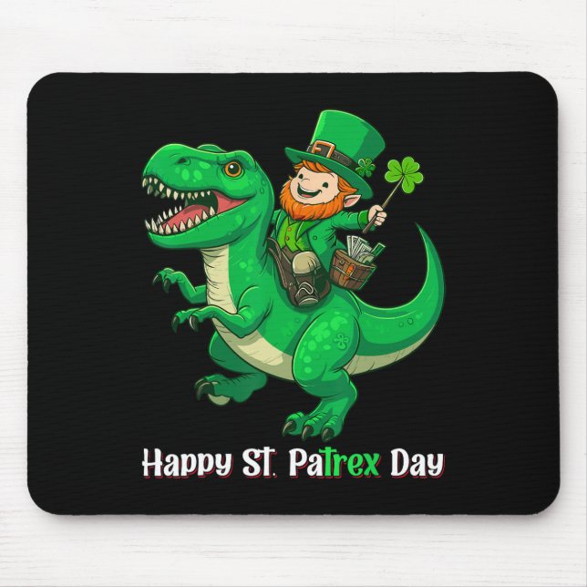 St Patricks Day Funny Leprechaun Riding Dino T Rex Mouse Pad (Front)