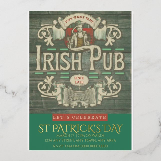 St Patrick's Day Funny Personalised Irish Pub  Foil Invitation Postcard (Front)