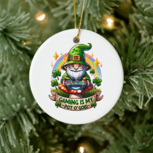 St. Patrick's Day Gamer Gnome Ceramic Tree Decoration