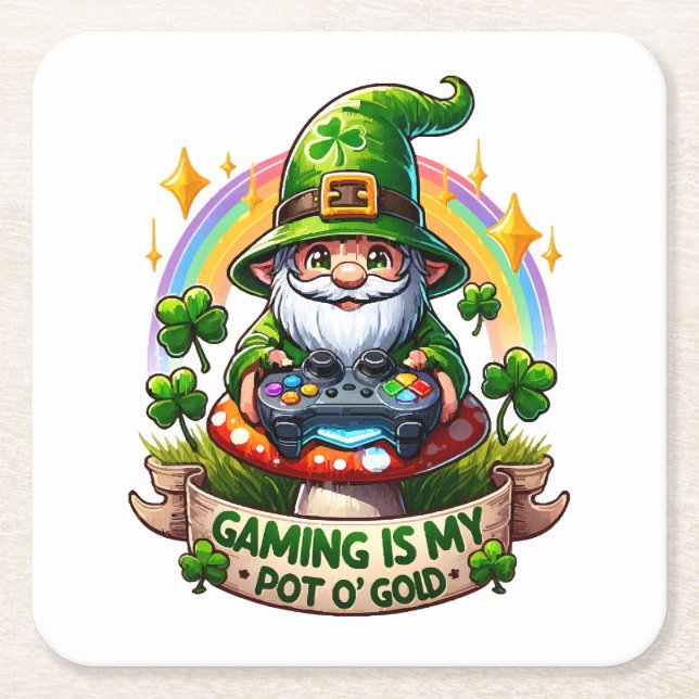 St. Patrick's Day Gamer Gnome Square Paper Coaster (Front)
