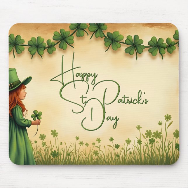 St. Patrick's Day Girl with Shamrocks Mouse Pad (Front)