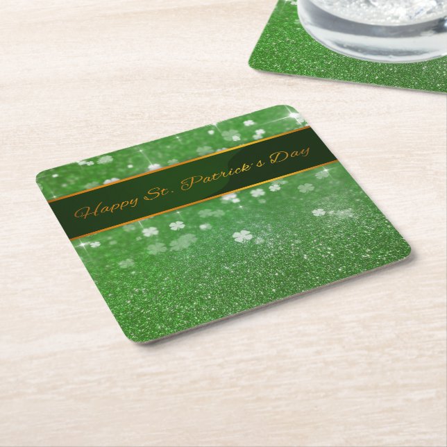 St. Patrick's Day Glitter Shamrock Square Paper Coaster (Angled)