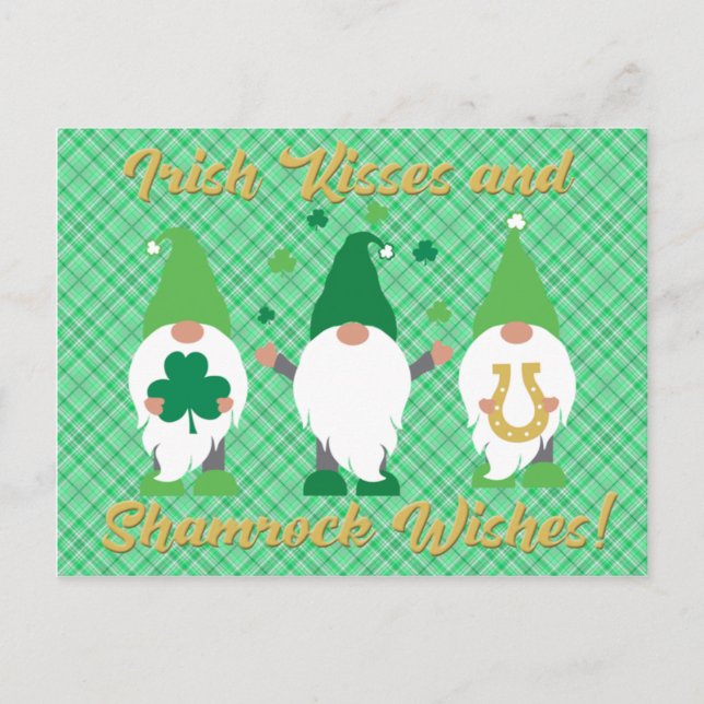 St Patrick's Day Gnome Kisses and Shamrock Postcard (Front)