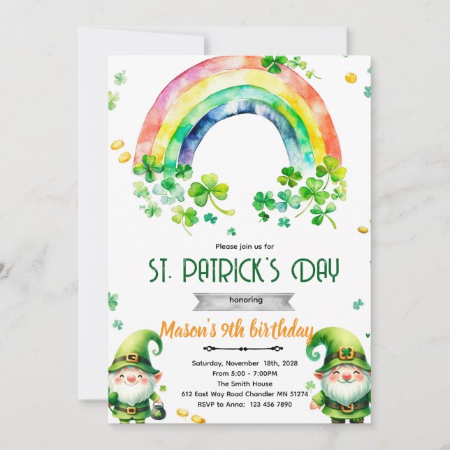 St Patricks Day gnome party invitation (Front)