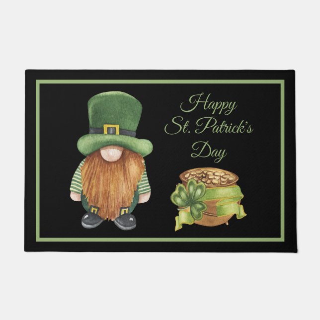 St Patricks Day Gnome Shamrock Pot of Gold Doormat (Front)