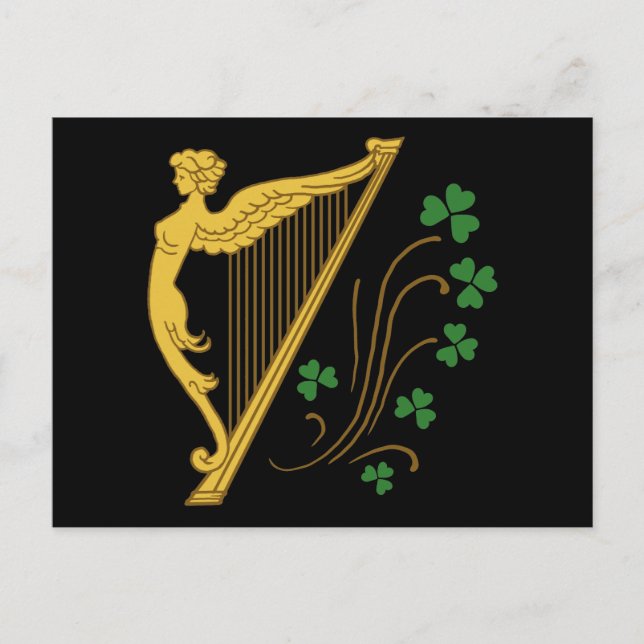 St Patrick's Day Gold Harp and Shamrocks Postcard (Front)