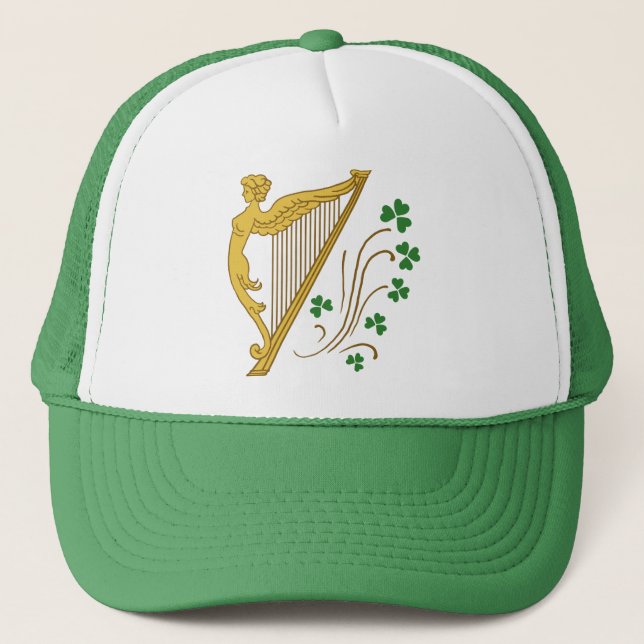 St Patrick's Day Gold Harp and Shamrocks Trucker Hat (Front)