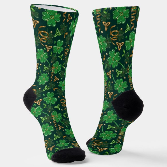 St Patricks day Gold Trefoil Ribbon Lucky Shamrock Socks (Angled)