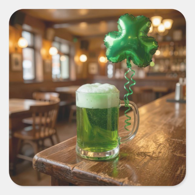 St. Patrick's Day Green Beer and Balloon Square Sticker (Front)