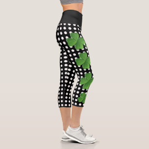 St Patricks Day Green Black White Polka Dot Capri Leggings