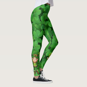 St. Patrick's Day Green Clover Dancing Leprechaun Leggings