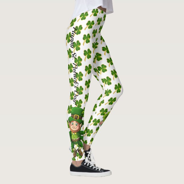 St Patrick's Day Green Clover on Bright White Leggings (Right)
