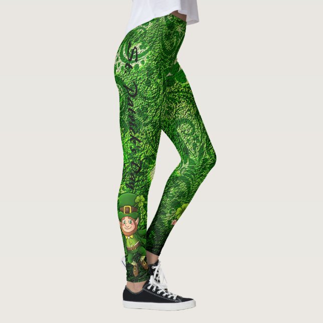 St Patrick's Day Green Clover Personalise Text Leggings (Right)