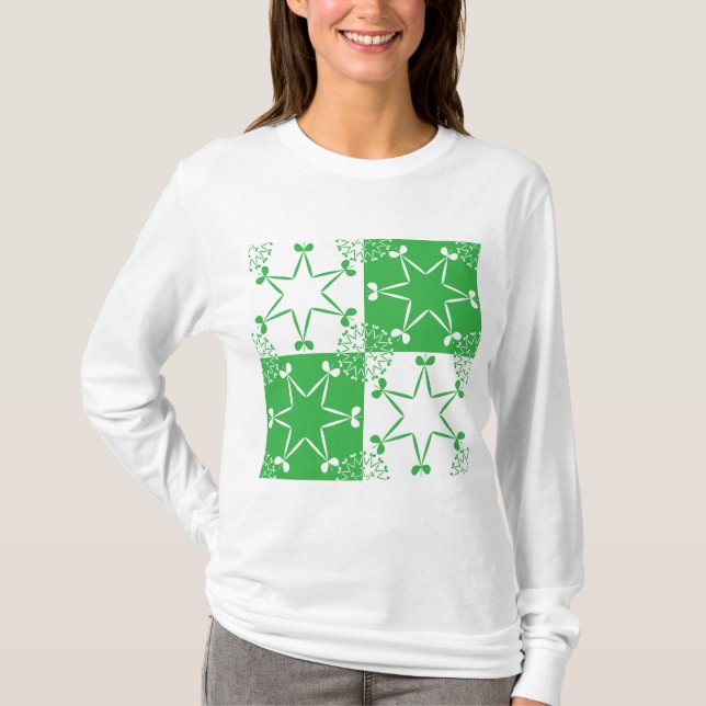 St Patricks Day Green Clover Star Geometric T-Shirt (Front)