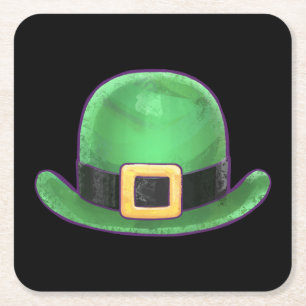 St Patricks Day Green Derby Hat on Black Square Paper Coaster