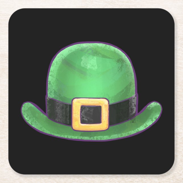 St Patricks Day Green Derby Hat on Black Square Paper Coaster (Front)