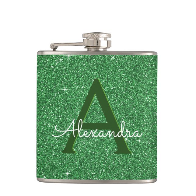 St. Patrick's Day Green Glitter & Sparkle Monogram Hip Flask (Front)