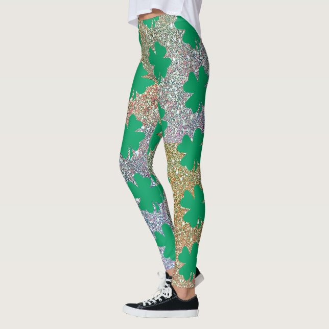 St Patrick's Day Green Gold Glitter Shamrock Leaf  Leggings (Left)