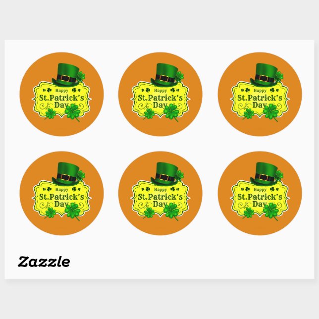 St Patricks Day Green Hat & Shamrocks Orange Classic Round Sticker (Sheet)