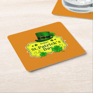 St Patricks Day Green Hat & Shamrocks Orange Square Paper Coaster