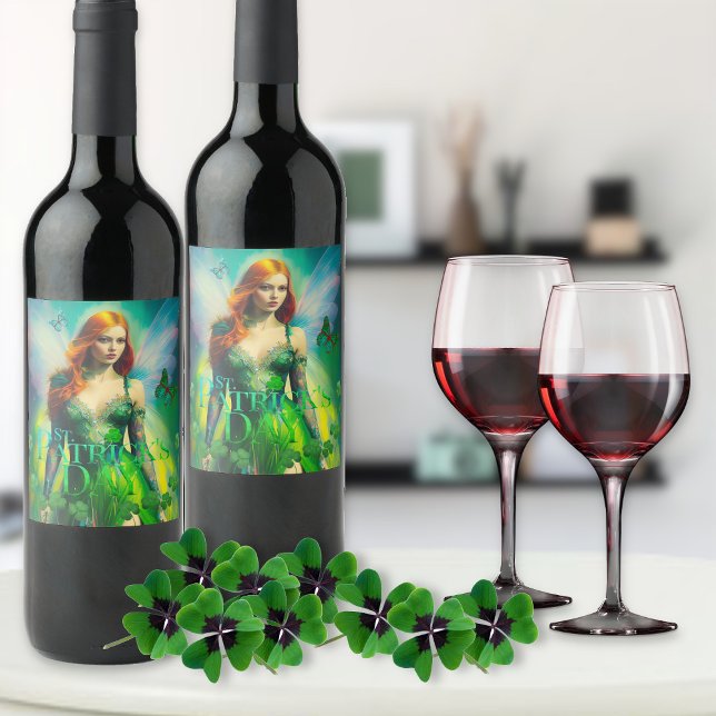 St Patrick's Day Green Irish Fairy 3 Leaf Clover Wine Label (Creator Uploaded)